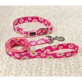 Olahibi Dog Collar and Leash Set, Cute Pink Daisy Pattern, Polyester Material, 5ft Leash, for Puppy Dogs.(XS, Daisy Set)