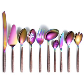 Berglander Silverware Serving Set 10 Pieces With Moon Surface Handle And Shiny Rainbow Mouth Titanium Plating, Stainless Steel Modern Colorful Flatware Serving Set Serving Spoons Serving Utensils
