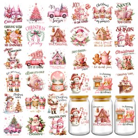 Christmas UV DTF Stickers - 30 Sheets Vintage Pink Santa Gingerbread Man UV DTF Cup Wraps for 16 oz Tumbler, Cute Elk Snowman Nutcracker Bow Cold Transfer Sticker for Water Bottle Decor Gift for Women