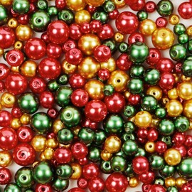 Merry Christmas Glass Pearl Beads 410 Pieces Mix of 4mm, 6mm and 8mm Pearl Beads in Red, Green and Gold Colours for Jewellery Making and Arts and Crafts