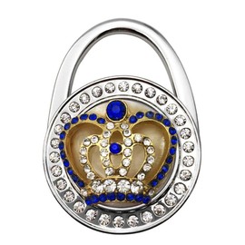 Reizteko Purse Hook, Shining Double Row Rhinestone Queen Crown Foldable Handbag Purse Hanger Hook Holder for Tables (Navy Blue)