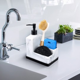 Dish Soap Dispenser with Sponge Holder,White Marble Look Liquid Hand and Dish Soap Dispenser and Spong Caddy with Brush Holder 3 in 1 Countertop Organizer for Kitchen Sink and Bathroom,White