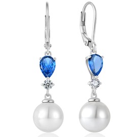 EJARY Pearl Earrings for Women 925 Sterling Silver Pearl Dangle Drop Earring September Birthstone Sapphire Pearls Jewelry