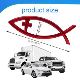 HQRNYP Christian Cross Fish Auto Emblem, Jesus Fish Car Emblem, Weatherproof Christian Symbol Ichthus Cross Decal, Chrome Sliver Badge Bumper Stickers Car Accessories Fit for Most Vehicles (Red)