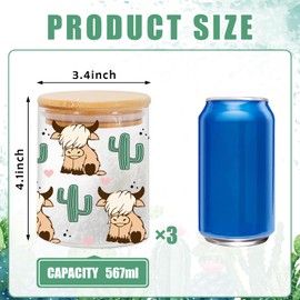 JarThenaAMCS 3Pcs Highland Cow Glass Storage Jars with Airtight Lid Cattle Cactus Decorative Canisters Sets for Farmhouse Home Kitchen Countertop