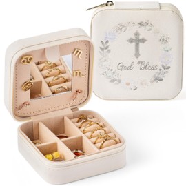Belanttega God Bless Jewelry Box for Women Girls - Easter First Communion Gifts Cross Floral Portable Travel Jewelry Case White Sliver Small Jewel Organizer Box, Baptism Wedding gift for Girls