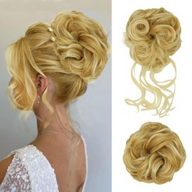 Vigorous Messy Bun Hair Piece for Women - 2PCS Synthetic Hair Pieces with Tousled Updo Hair Buns & Wavy Curly Texture Scrunchies Chignon Ponytail  - Easy to Wear & Versatile for Daily Use:_22H613# Lightest Ash Brown & Bleach Blonde