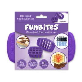 FunBites Food Cutter Purple Squares, Sandwich Cutter for Kids, Bento Lunch Box Accessory Cuts Food into Bite-Size Shapes, Great for picky eaters.