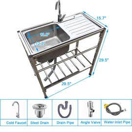 Stainless Steel Kitchen Sink with Faucet, Free Standing Utility Sink with Hose Hook Up for Laundry Room/Backyard/Garage/RV, Temporary Emergency Kitchen Sink for Construction Decoration