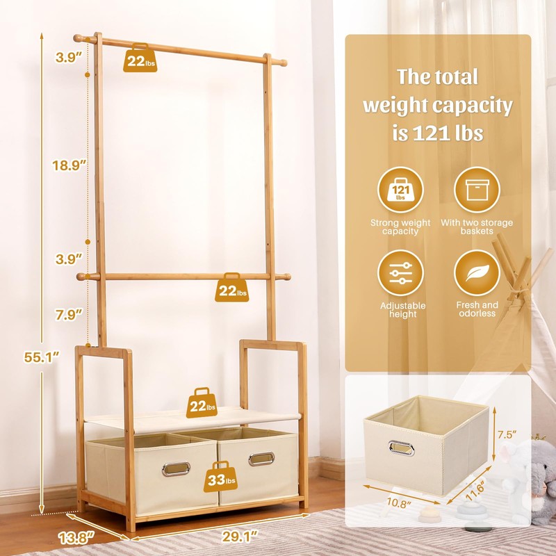 Vilaxing Kids Clothing Rack Bamboo with 2 Storage Baskets and
