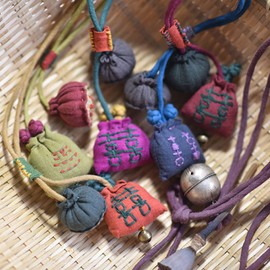 NFYM Linen Cloth Fabric Lotus Flower Bell Pendants Handmade Embroidered Money Bag Style Necklace (Blue, 17.3 inch length)