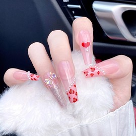 Valentine’s Day Press on Nails Extra Long-Red Heart Fake Nails Love Bow with Pearl Glitter Designs Long Square Pink Acrylic Nails Glossy French False Nails Glue on Nails For Women Girls Manicure 24PCS