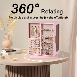 Frebeauty 360° Rotating Jewelry Box,PU Leather Jewelry Organizer with 6 Drawers,Large Jewelry Storage,Clear Window,Golden Handle,Vertical Jewelry Holder for Earrings Necklace,Gift for Women(Pink)