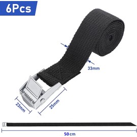 Pack of 6 short lashing straps, 0.5 m x 25 mm, black lashing straps with clamping lock, adjustable lashing straps with ratchet fastening straps for bicycle carrier, motorcycle, car, rear carrier,