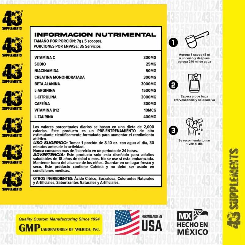 Pre Entreno Alert Óxido Nítrico 43 Supplements 245 Gramos
