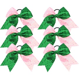 6Pcs Green/Pink Hair Bows, Soft Scrunchies for Ponytail Holder Witch Hair Accessories for Movie Favors, Witch Party Gifts, Cheer Bows for Women Girls