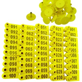100PCS 001-100 Number Plastic Livestock Ear Tags Farm Animal Tags ID Tags Pink Green Blue Ear Tagger for Cow Cattle Sheep Goats Pigs Hogs Mark Label (Yellow)