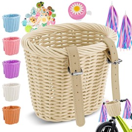 Children's Bicycle Basket, Braided Bicycle Basket, Front Children, Bicycle Basket for Children and Girls, Front, Removable Bicycle Basket, with Bells, Streamers, Bicycle Bell, Sticker (Beige)