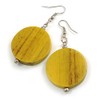 30mm Antique Yellow Painted Wood Coin Drop Earrings - 60mm