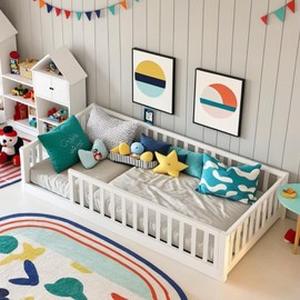 PVWIIK Twin Floor Bed w/Fence for Kids, Girls, Boys, Floor Bed with Safety Guardrails and Slats,No Box Spring Needed, White