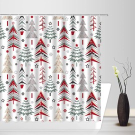 Merry Christmas Shower Curtain Xmas Tree Snowflake Red Star Colorful Pine Tree Forest Snow Winter Holiday Festival Cartoon Bathroom Curtain with Hooks,Red Green White