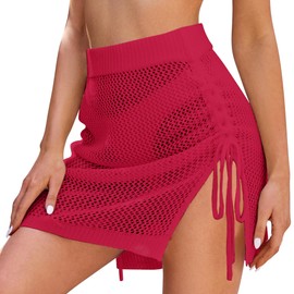 Women Bathing Suit Cover Up Skirt Lightweight Breathable Beach Mini Skirt Crochet Swimsuit Coverup Skirt Drawstring Hollow Out Knit Skirt Red US Size S