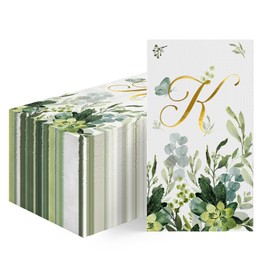 Horaldaily 100 Spring Disposable Paper Decorative Guest Napkins, Watercolor Eucalyptus Monogram Gold Foil Letter K for Party Lunch Dinner Kitchen Bathroom