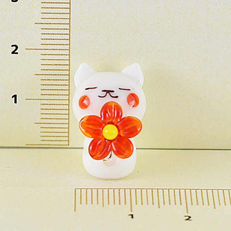 かわいい 猫 手作り ガラス細工 お花どうぞ シロネコ