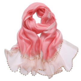 LumiSyne Spring Women's Silk Chiffon Scarf, Elegant Plain Color Scarf with Silk and Tulle Design, Bead Embellishments, Large Thin UV Protection Shawl for Beach, Travel, and Commuting, Pink