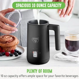GreenLife Ceramic Electric Milk Frother, 10oz, 4-in-1, Auto Hot and Cold Foam, Dense and Light Foam, PFAS Free, Cordless Milk Warmer and Steamer for Latte, Coffee, Black