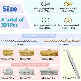 373Pcs Ribbon Bracelet Kit for Jewelry Making Ribbon End Crimps Lobster Clasps Awith Jump Rings and Chain Extenders for DIY Making Bookmark Pinch Bracelet Choker Necklace (Gold and Silver)