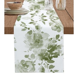 Sage Green Leaves Table Runner-Cotton Linen- 72 Inch Holiday Dresser Scarves, Botanical Watercolor Floral Plant Tablerunner for Kitchen Coffee/Dining Bedroom Home Living Room Dinner Scarf Décor 13x72