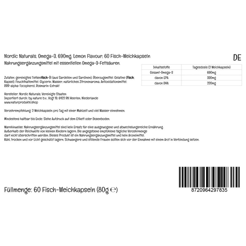 Nordic Naturals Omega-3, 690mg, Zitronengeschmack, 60 Fisch-Weichkapseln