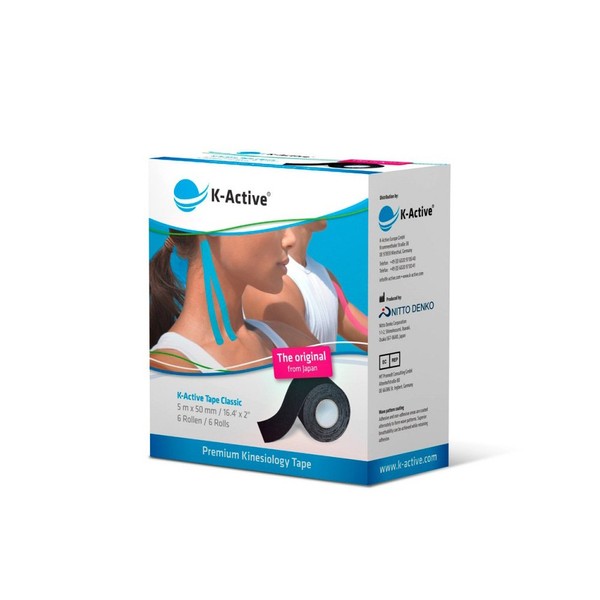 K-Active Kinesiology Tape classic black water resistant and Hypo-Allergenic, 50 mm x 5 m, , ,
