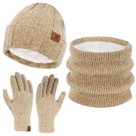 Womens Winter Beanie Hats Scarf Touchscreen Gloves Set Imitation Mink Velvet Knit Hat Caps Neck Warmer with Fleece Lined Gifts for Women Khaki