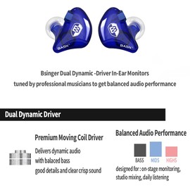 BASN Bsinger In-Ear-Monitore Geräuschisolierende Kopfhörer, Dual-dynamische Treiber High Definition Kabelgebundene Ohrhörer mit abnehmbarem MMCX-Kabel für Musiker Schlagzeuger Sänger (Blau)