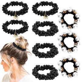 Ahoney 9Pcs Black Hair Ties Elastic Hair Scrunchies Hold Crystal Pearls Beads Bulk Hair Ropes Stretchy Handmade Hair Accessories for Women Girls (Black)