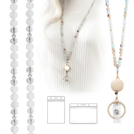 LENYNAL Lanyards for ID Badges and Keys, Retractable Beaded Lanyards for Women Natural Stone, Cute Teacher Lanyard with ID Holder Light Cyan