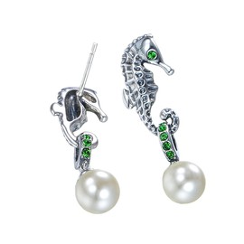 JXSJEW Hippocampus Stud Earrings 925 Sterling Silver Ocean Animals Style Earrings Cubic Zirconia Ear Stud for Women Girls loves ocean animals (Green)