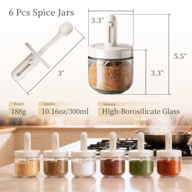 ShanSon 6-Piece Glass Spice Jars with Adjustable Spoon, 10.16oz /300ml Seasoning Containers with Airtight Lids, Moisture-Proof Condiment Pots, Spice Organizer for Kitchen Countertop & Pantry Storage