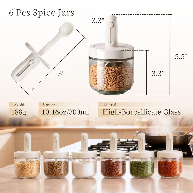ShanSon 6-Piece Glass Spice Jars with Adjustable Spoon, 10.16oz /300ml