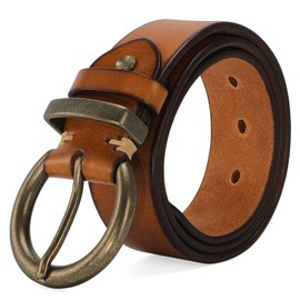 wolksprong Women's 1.5" Wide Leather Belt with Large Brass Buckle - Trendy Vintage Style for Jeans and Pants