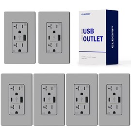 ELEGRP USB Charger Wall Outlet, USB Receptacle with USB A & USB C Ports, 20 Amp Duplex Tamper Resistant Receptacle Plug NEMA 5-20R, Wall Plate Included, UL Listed, 6 Pack, Matte Grey