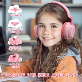 Mokata Mokata Headphone Kids Volume Limited 85/96dB Wired Over-Ear/On-Earr Foldable Headset with Inline Cable Aux 3.5mm Cord Mic for Boy Girl Child School PC Notebook Tablet Pink