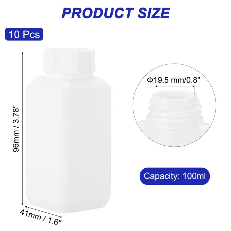 PATIKIL Reagent Bottles, 10 Pcs 100ml HDPE Narrow Mouth Square
