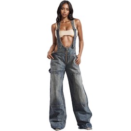 Tbahhir Women's Denim Overalls Jumpsuit Sleeveless Adjustable Strap Loose Baggy Wide Leg Cargo Jean Pants Rompers Trendy