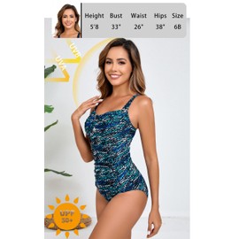 Itzel Women's Tummy Control One Piece Swimsuit Ruched Push Up Swimming Vintage Retro Bathing Suits Blue Abstract 10