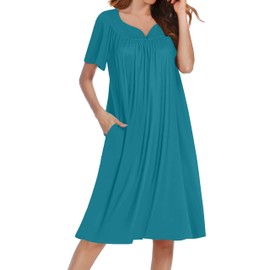 Ekouaer Nightgowns for Women Short Sleeve House Dress with Pockets Soft Moomoo Pleated Mumu Dresses V Neck Sleepwear Blue Green