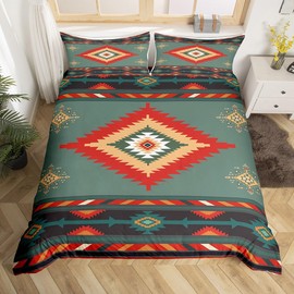 Southwestern Geometric Bedding Duvet Cover Set Full Size Retro Exotic Boho Bedding Set for Kids Boys Girls Decor Indian Tribal Geometry Comforter Cover Set Green Red Bedspread Cover Bedroom Bedclothes