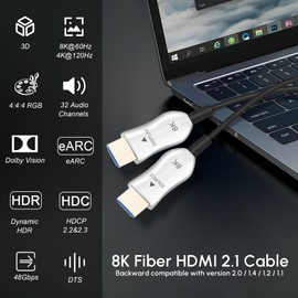 RUBMUD 8K Fiber Optic HDMI 2.1 Cable 40ft, Long Active HDMI Cable, High Speed Fiber HDMI Cord, 48Gbps, 8K@60Hz 4K@120Hz, Dynamic HDR, eARC, HDCP 2.2&2.3, 3D, for HDTV Monitor Game Laptop Home Theatre